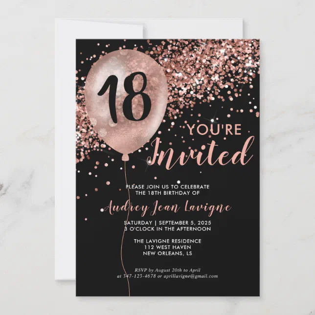 Glam Black Rose Gold Glitter Balloon 18th Birthday Invitation | Zazzle