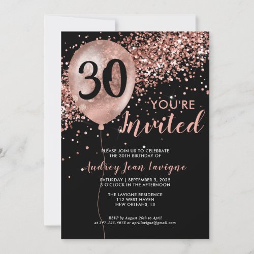 Glam Black Rose Gold Glitter Balloon 30th Birthday Invitation