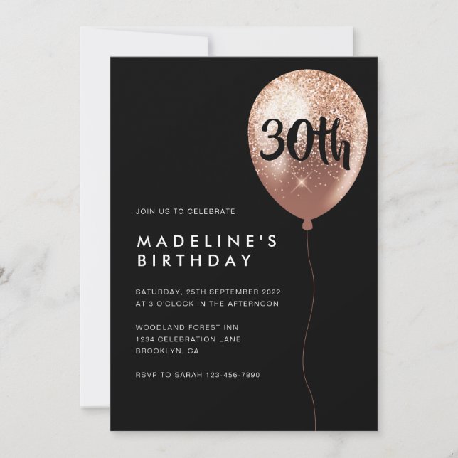 Glam Black Rose Gold Glitter Balloon 30th Birthday Invitation (Front)
