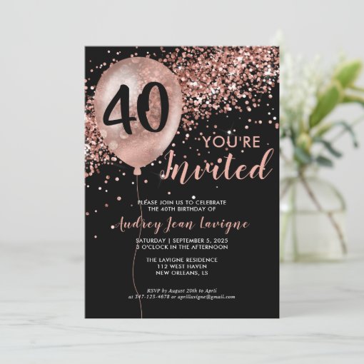 Glam Black Rose Gold Glitter Balloon 40th Birthday Invitation | Zazzle