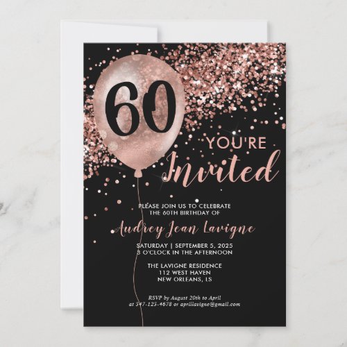 Glam Black Rose Gold Glitter Balloon 60th Birthday Invitation