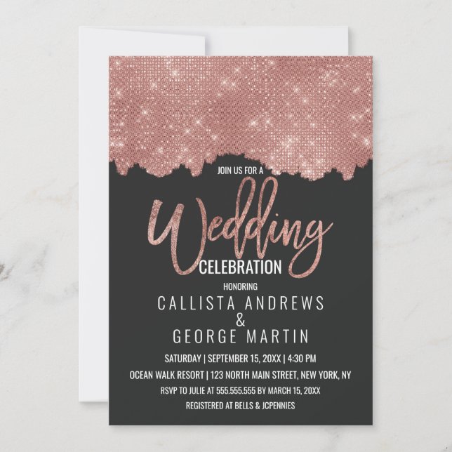 Glam Black Rose Gold Glitter Color Block Wedding Invitation (Front)
