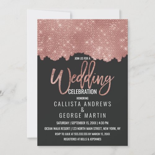 Glam Black Rose Gold Glitter Color Block Wedding Invitation