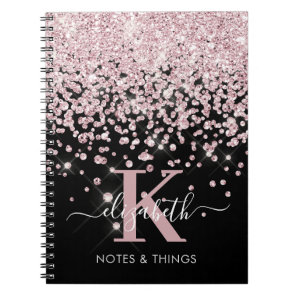 Glam Black Rose Gold Glitter Diamond Monogrammed  Notebook