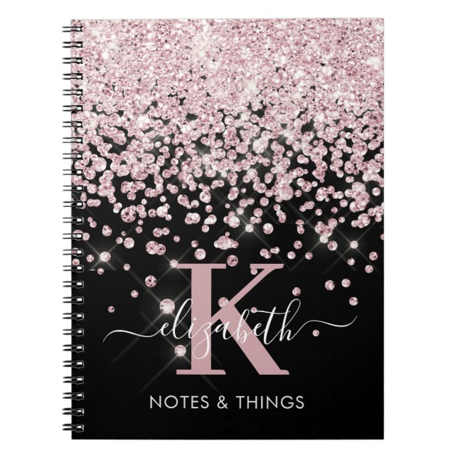 Glam Black Rose Gold Glitter Diamond Monogrammed  Notebook (Front)