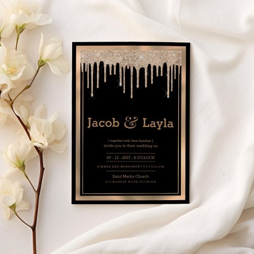 Glam black rose gold glitter drips border wedding invitation