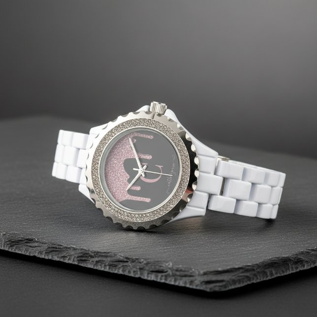 Glam Black Rose Gold Glitter Drips Monogram Watch (Glam Black Rose Gold Glitter Drips Monogram Watch)