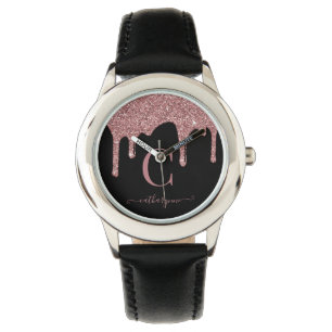 Glam Black Rose Gold Glitter Drips Monogram  Watch