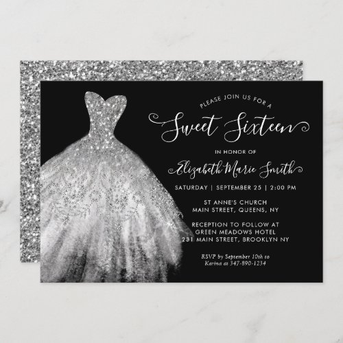 Glam Black Silver Glitter Dress Sweet 16 Birthday Invitation