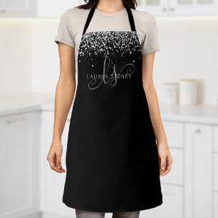 Glam Black Silver Glitter Glam Monogram Name Apron