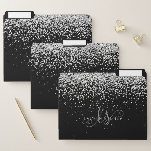 Glam Black Silver Glitter Glam Monogram Name File Folder