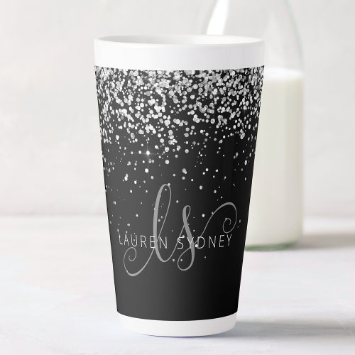 Glam Black Silver Glitter Glam Monogram Name Latte Mug