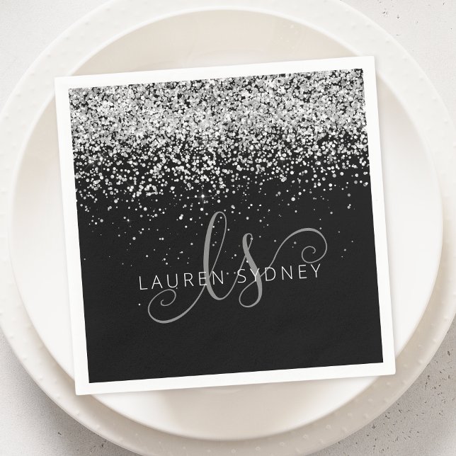 Glam Black Silver Glitter Glam Monogram Name Napkins (Creator Uploaded)