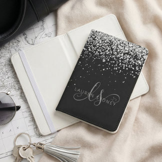 Glam Black Silver Glitter Glam Monogram Name  Passport Holder