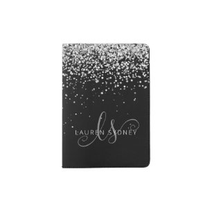 Glam Black Silver Glitter Glam Monogram Name Passport Holder