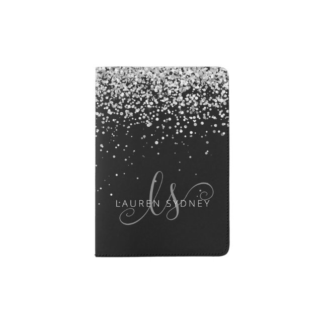 Glam Black Silver Glitter Glam Monogram Name  Passport Holder (Front)