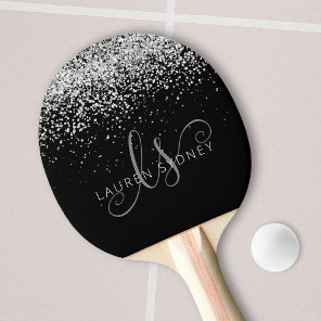 Glam Black Silver Glitter Glam Monogram Name Ping Pong Paddle