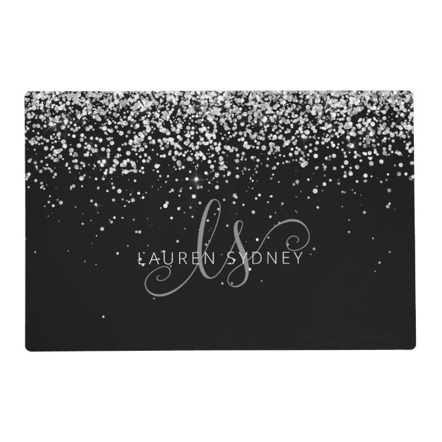Glam Black Silver Glitter Glam Monogram Name Placemat (Front)