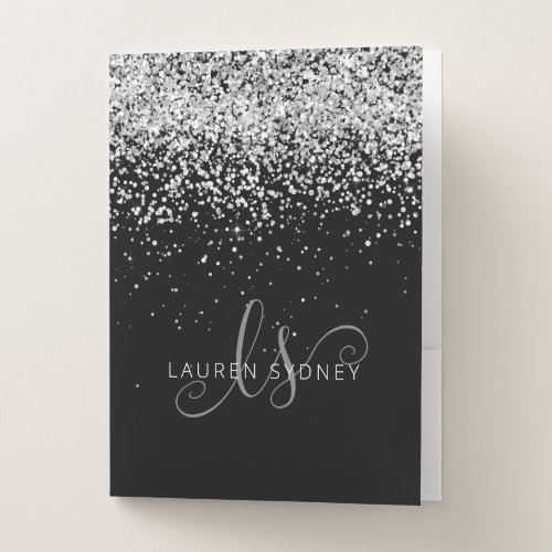 Glam Black Silver Glitter Glam Monogram Name Pocket Folder