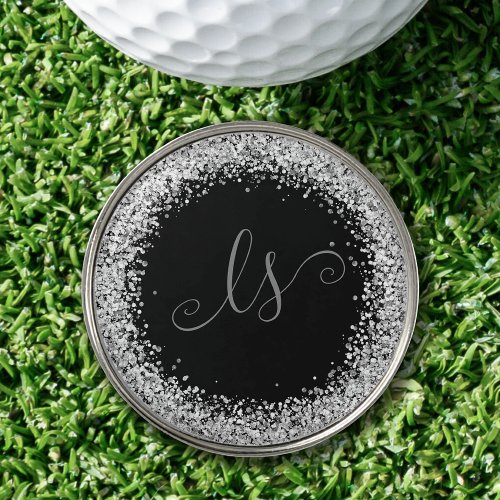 Glam Black Silver Glitter Monogram Golf Ball Marker