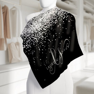 Glam Black Silver Glitter Monogram Name Bandana