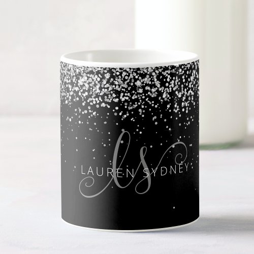 Glam Black Silver Glitter Monogram Name Coffee Mug