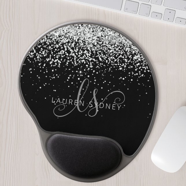 Glam Black Silver Glitter Monogram Name Gel Mouse Pad (Creator Uploaded)