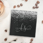Glam Black Silver Glitter Monogram Name Glass Coaster<br><div class="desc">Glam Black Silver Glitter Elegant Monogram Glass Coaster. Easily personalize this trendy chic glass coaster design featuring elegant silver sparkling glitter on a black background. The design features your handwritten script monogram with pretty swirls and your name.</div>