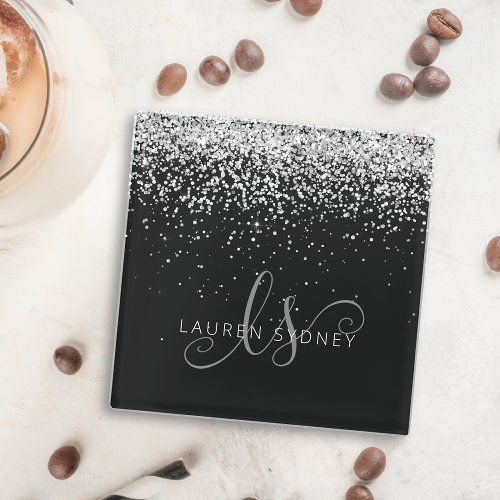 Glam Black Silver Glitter Monogram Name Glass Coaster