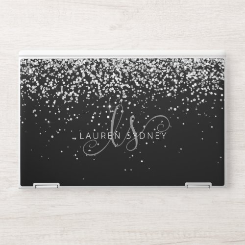 Glam Black Silver Glitter Monogram Name HP Laptop Skin