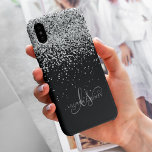 Glam Black Silver Glitter Monogram Name iPhone 13 Case<br><div class="desc">Glam Black Silver Glitter Elegant Monogram iPhone Case. Easily personalize this trendy chic phone case design featuring elegant silver sparkling glitter on a black background. The design features your handwritten script monogram with pretty swirls and name.</div>