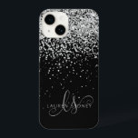 Glam Black Silver Glitter Monogram Name iPhone 14 Case<br><div class="desc">Glam Black Silver Glitter Elegant Monogram iPhone Case. Easily personalize this trendy chic phone case design featuring elegant silver sparkling glitter on a black background. The design features your handwritten script monogram with pretty swirls and name.</div>