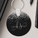 Glam Black Silver Glitter Monogram Name Keychain<br><div class="desc">Glam Black Silver Glitter Elegant Monogram Keychain,  Easily personalize this trendy chic keychain design featuring elegant silver sparkling glitter on a black background. The design features your handwritten script monogram with pretty swirls and your name.</div>