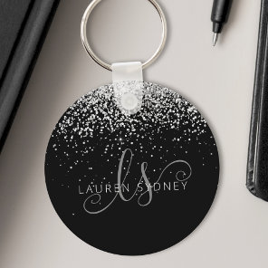 Glam Black Silver Glitter Monogram Name Keychain