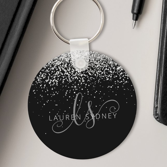 Glam Black Silver Glitter Monogram Name Keychain (Creator Uploaded)