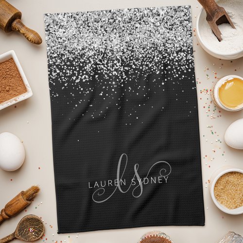 Glam Black Silver Glitter Monogram Name Kitchen Towel