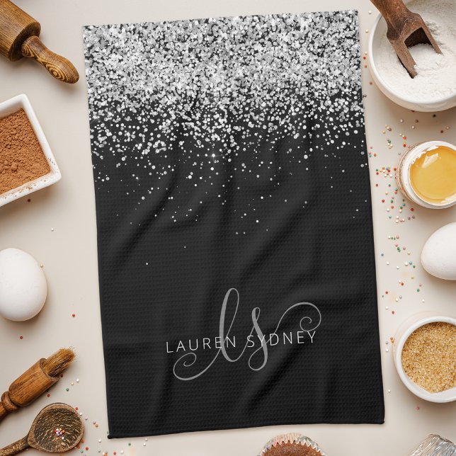 Glam Black Silver Glitter Monogram Name Kitchen Towel (Creator Uploaded)