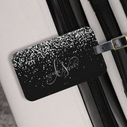Glam Black Silver Glitter Monogram Name Luggage Tag