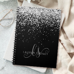Glam Black Silver Glitter Monogram Name Notebook