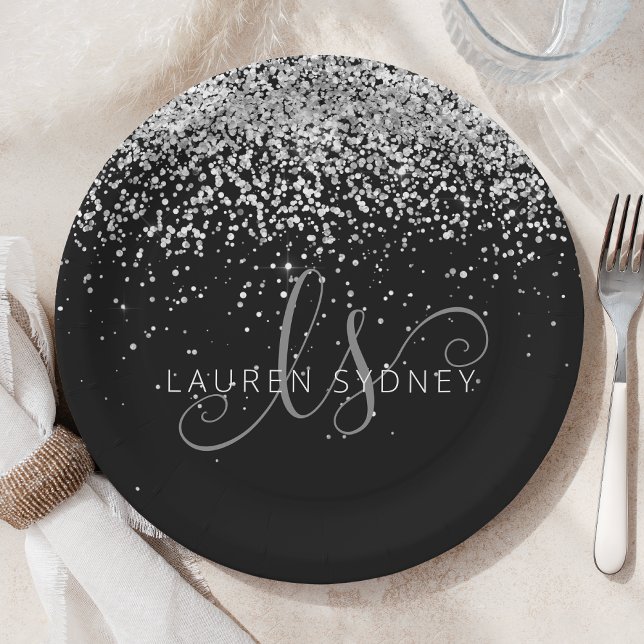 Glam Black Silver Glitter Monogram Name Paper Plates (Creator Uploaded)