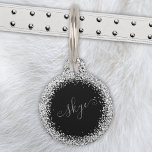 Glam Black Silver Glitter Monogram Name Pet ID Tag<br><div class="desc">Glam Black Silver Glitter Elegant Monogram Pet ID Tag. Easily personalize this trendy chic pet id tag design featuring elegant silver sparkling glitter on a black background. The design features your handwritten script monogram with pretty swirls and name.</div>