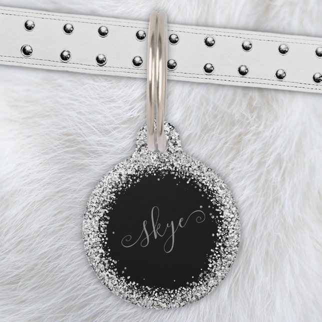 Glam Black Silver Glitter Monogram Name Pet ID Tag (Creator Uploaded)