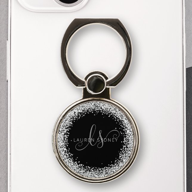 Glam Black Silver Glitter Monogram Name Phone Ring Stand (Creator Uploaded)