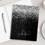 Glam Black Silver Glitter Monogram Name Planner<br><div class="desc">Glam Black Silver Glitter Elegant Monogram Planner Easily personalize this trendy chic planner design featuring elegant silver sparkling glitter on a black background. The design features your handwritten script monogram with pretty swirls and name.</div>