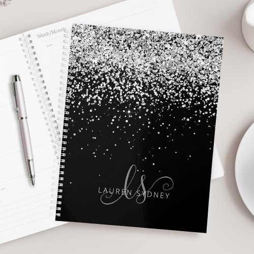 Glam Black Silver Glitter Monogram Name Planner