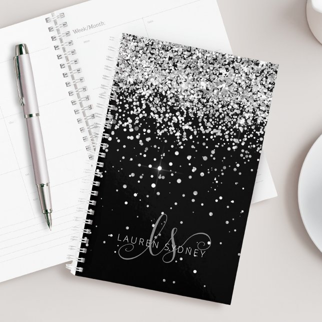Glam Black Silver Glitter Monogram Name Planner (Creator Uploaded)
