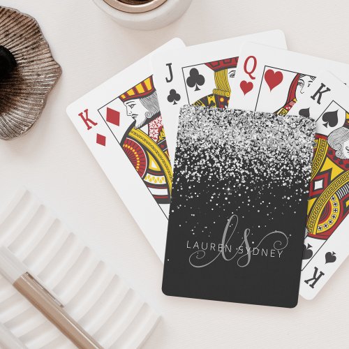 Glam Black Silver Glitter Monogram Name Poker Cards
