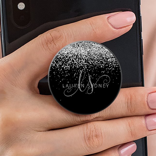 Glam Black Silver Glitter Monogram Name PopSocket (Creator Uploaded)