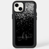 Glam Black Silver Glitter Monogram Name