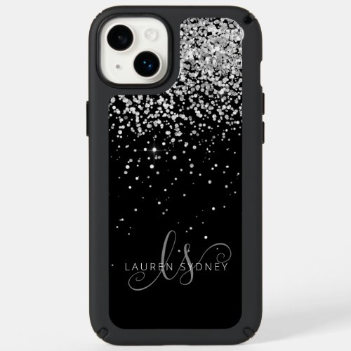 Glam Black Silver Glitter Monogram Name Speck iPhone 14 Plus Case